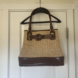 HUGE Woven Straw and Brown Leather Tote Bag with a vintage feel